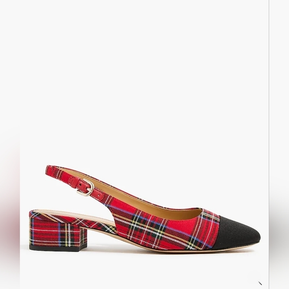 J. Crew Elegant Tartan Slingback Heels in Red and Black - Picture 2 of 7